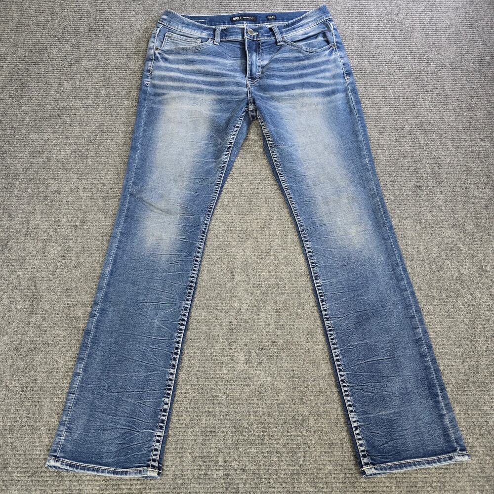BKE Jake Straight Jeans Mens 36x34 Blue Stretch Whiskered Buckle Denim